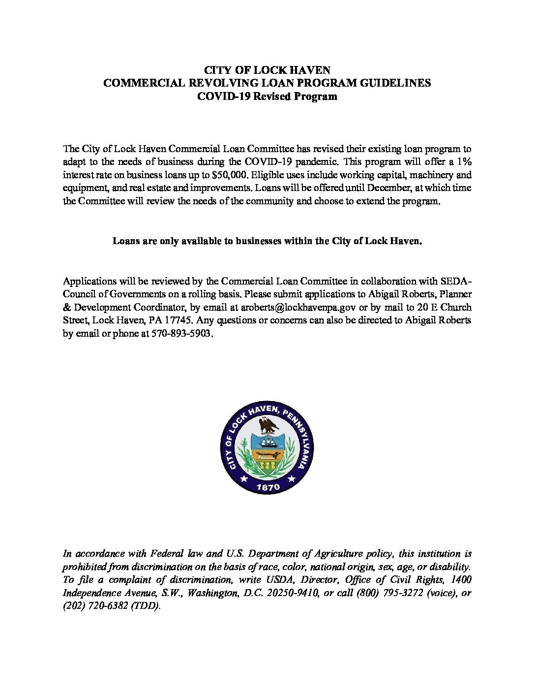 COVID-19 Commercial Loan Program Guidelines - City of Lock Haven, PA